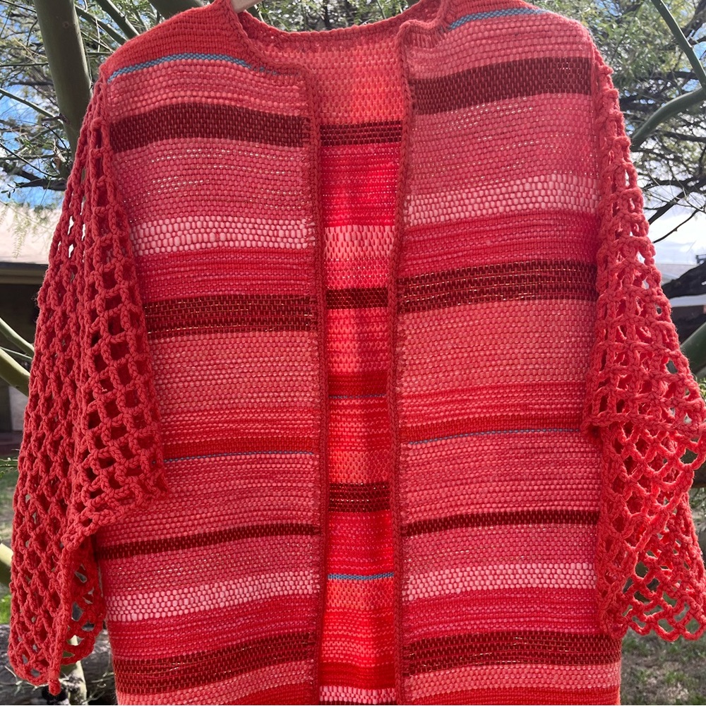 Women’s Coral & Orange Woven Sweater Coat w/ Crocheted Sleeves - Small
